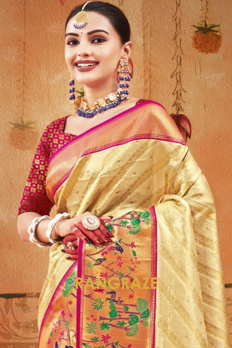 Beige Heavy Golden Work Paithani Silk Saree