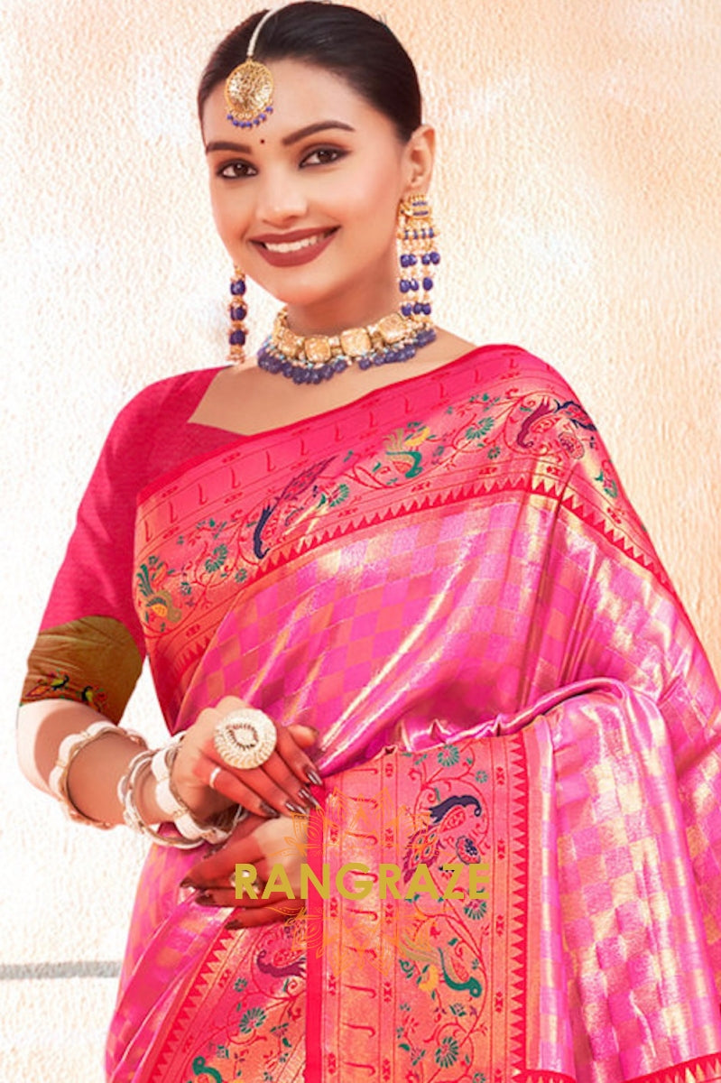 Magenta Pink Regal Classic Heavy Golden Work Paithani Silk Saree