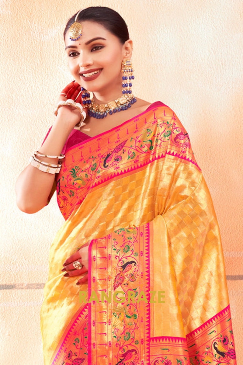 Yellow Regal Classic Heavy Golden Work Paithani Silk Saree