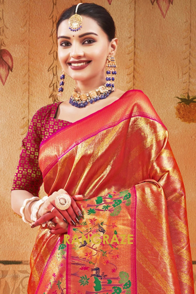 Magenta Pink Heavy Golden Work Paithani Silk Saree