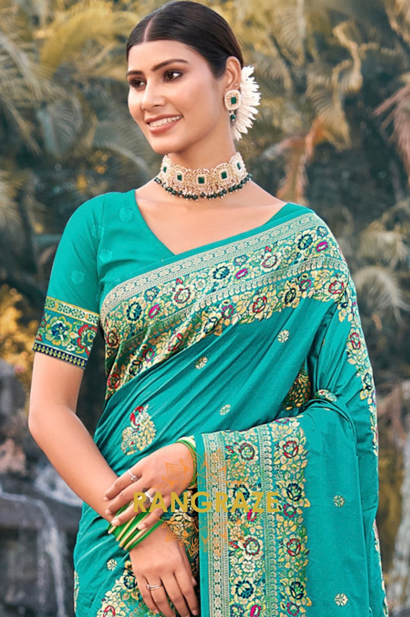 Imperial Turquoise Heavy Golden Work Paithani Silk Saree