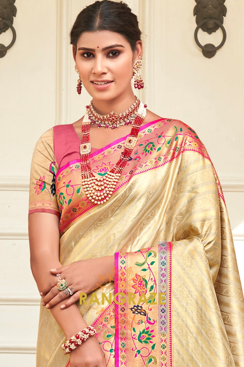 Majestic Beige Heavy Golden Work Paithani Silk Saree