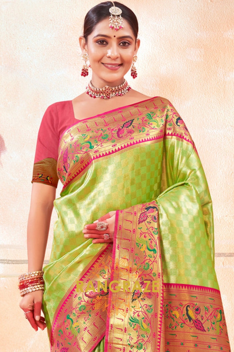 Lime Green Regal Classic Heavy Golden Work Paithani Silk Saree