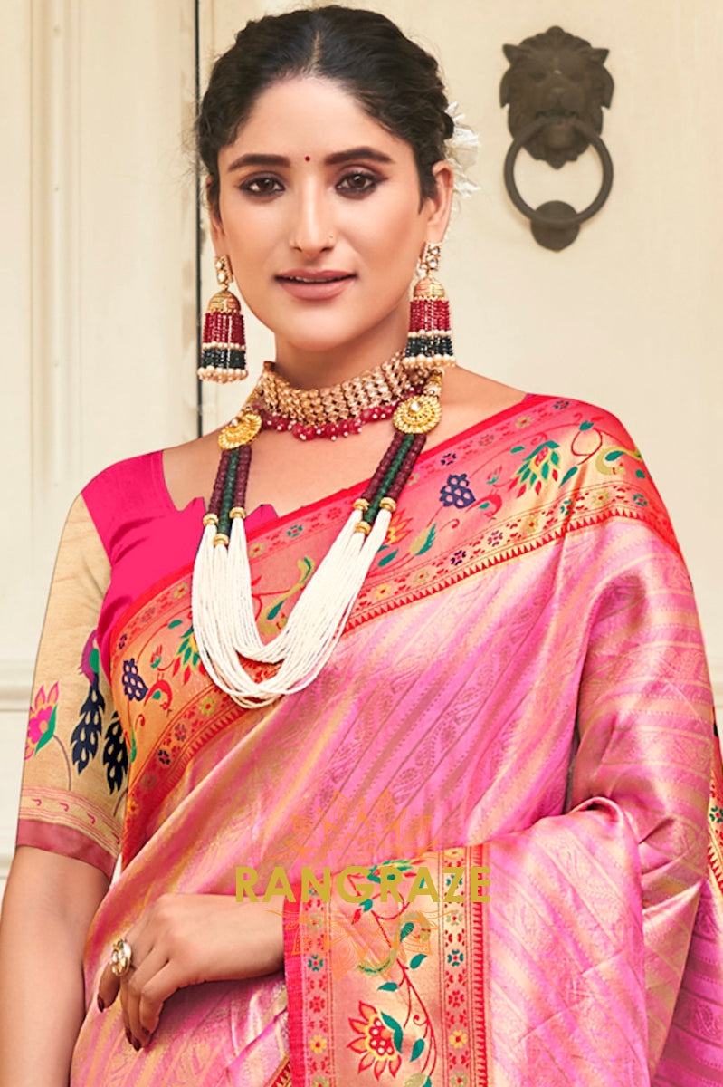 Majestic Pink Heavy Golden Work Paithani Silk Saree