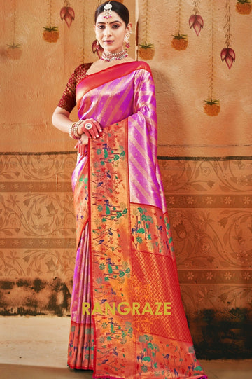 Pink Heavy Golden Work Paithani Silk Saree