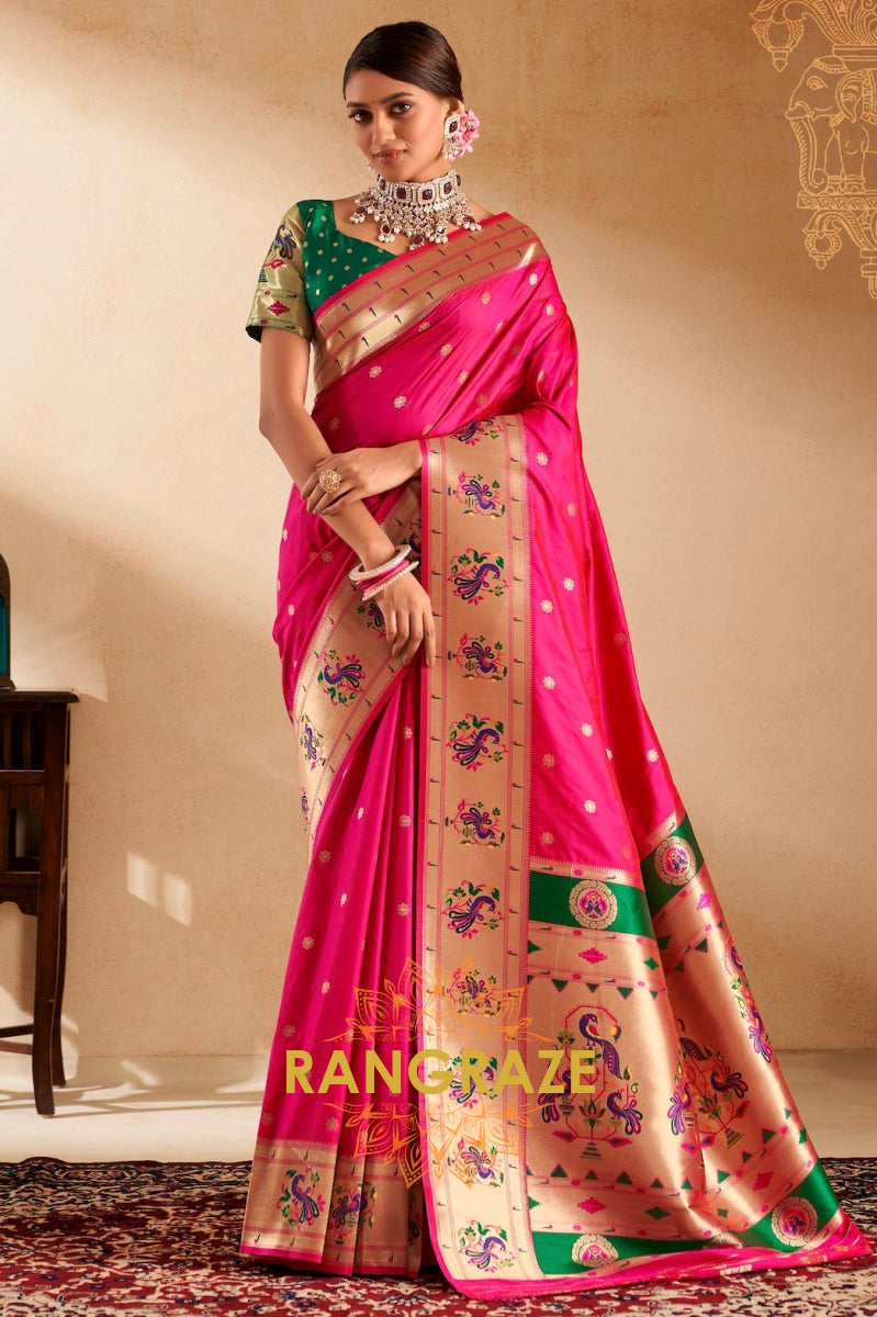 Royal Pink Paithani Silk Saree with Peacock Motifs