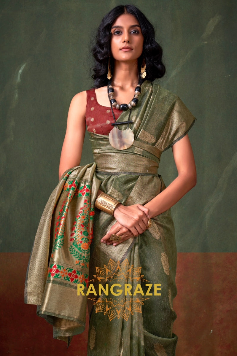 Regal Olive Paithani: Handloom Zari Tissue Silk Saree