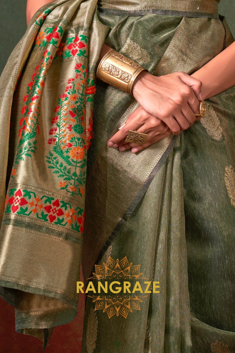 Regal Olive Paithani: Handloom Zari Tissue Silk Saree