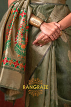 Regal Olive Paithani: Handloom Zari Tissue Silk Saree