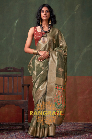 Regal Olive Paithani: Handloom Zari Tissue Silk Saree