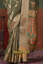 Regal Olive Paithani: Handloom Zari Tissue Silk Saree