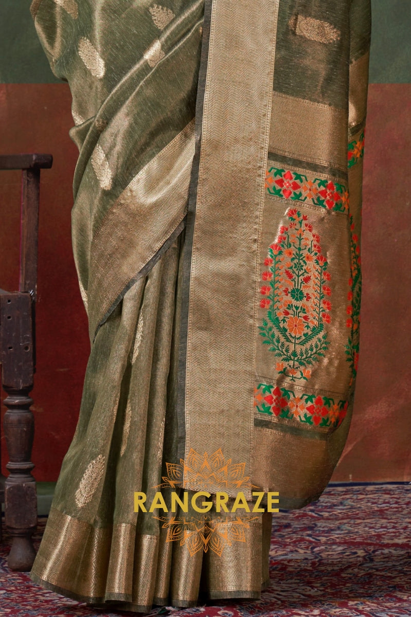 Regal Olive Paithani: Handloom Zari Tissue Silk Saree