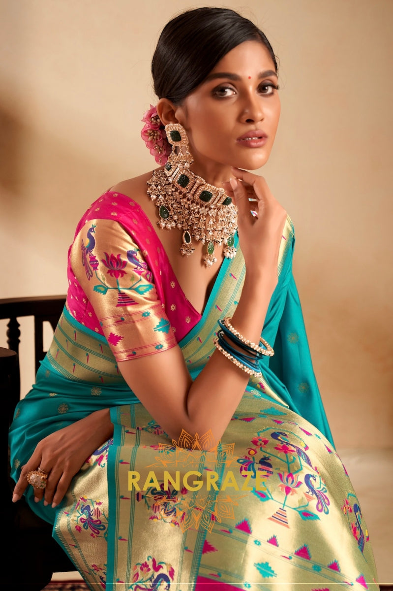 Turquoise Opulence: Designer Paithani Silk Saree with Zari Weaving