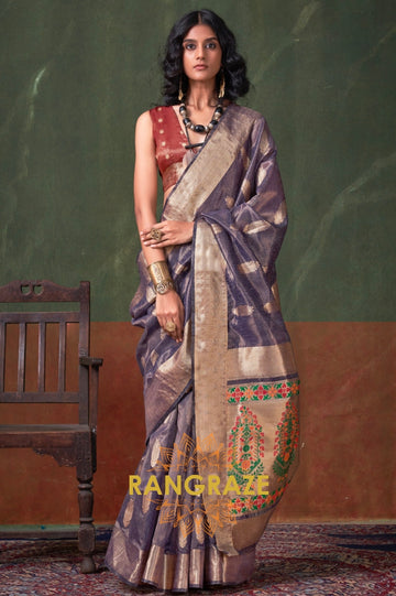 Majestic Blue Paithani Zari Tissue Handloom Weaving Silk Saree