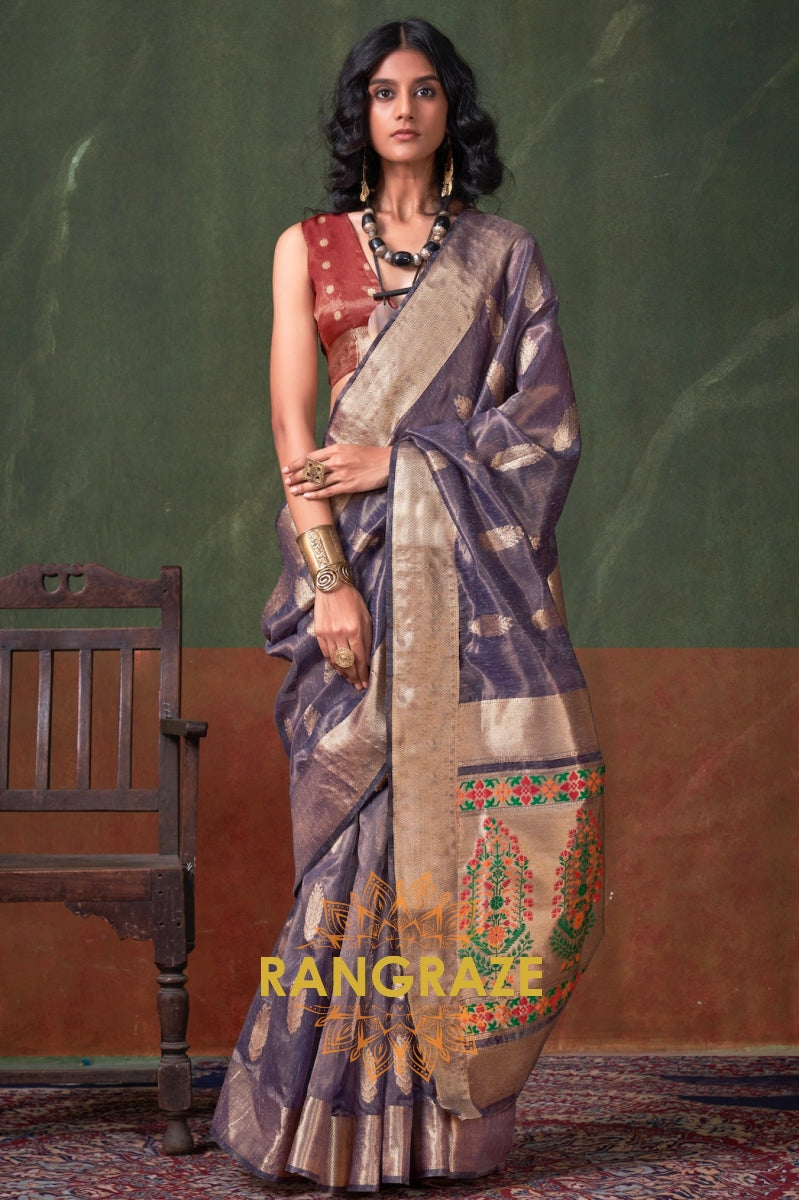Majestic Blue Paithani Zari Tissue Handloom Weaving Silk Saree