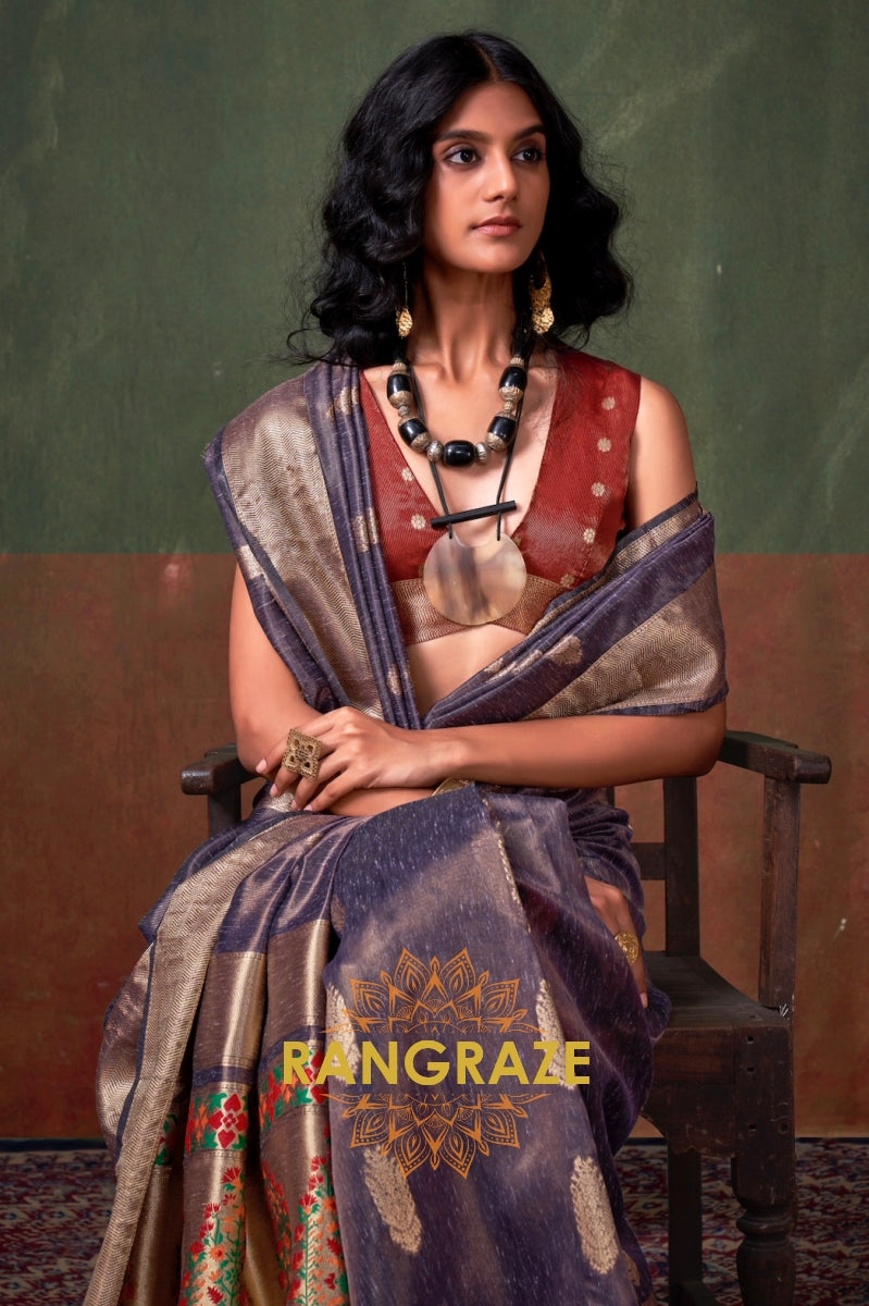 Majestic Blue Paithani Zari Tissue Handloom Weaving Silk Saree