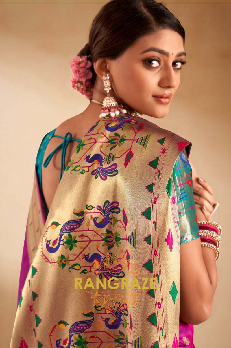 Royal Wine Paithani Silk Saree with Golden Zari & Peacock Motifs