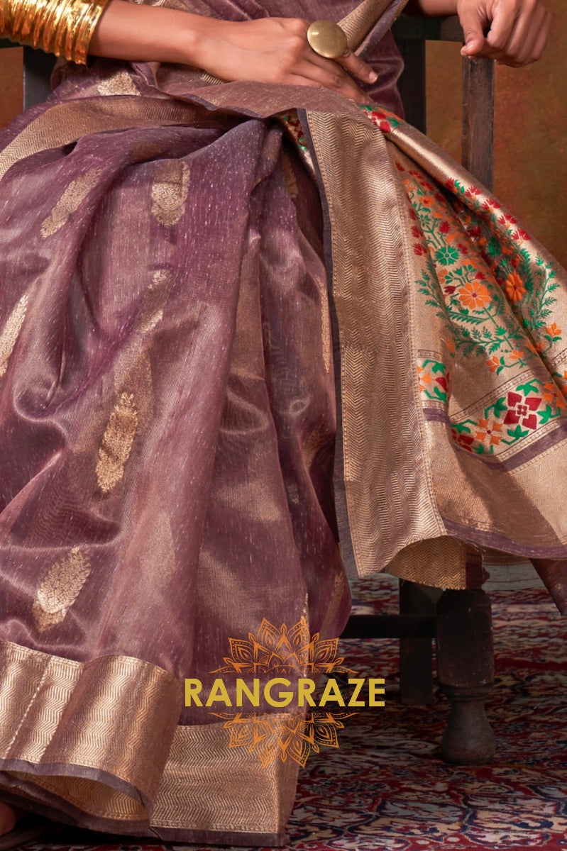Royal Mauve Elegance: Handloom Paithani Zari Tissue Silk Saree
