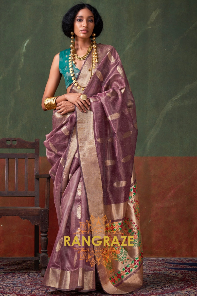 Royal Mauve Elegance: Handloom Paithani Zari Tissue Silk Saree