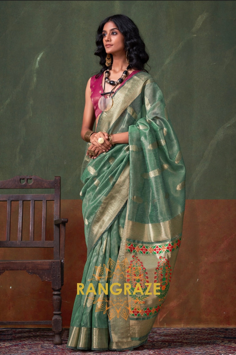 Regal Emerald Paithani Zari Tissue Handloom Silk Saree