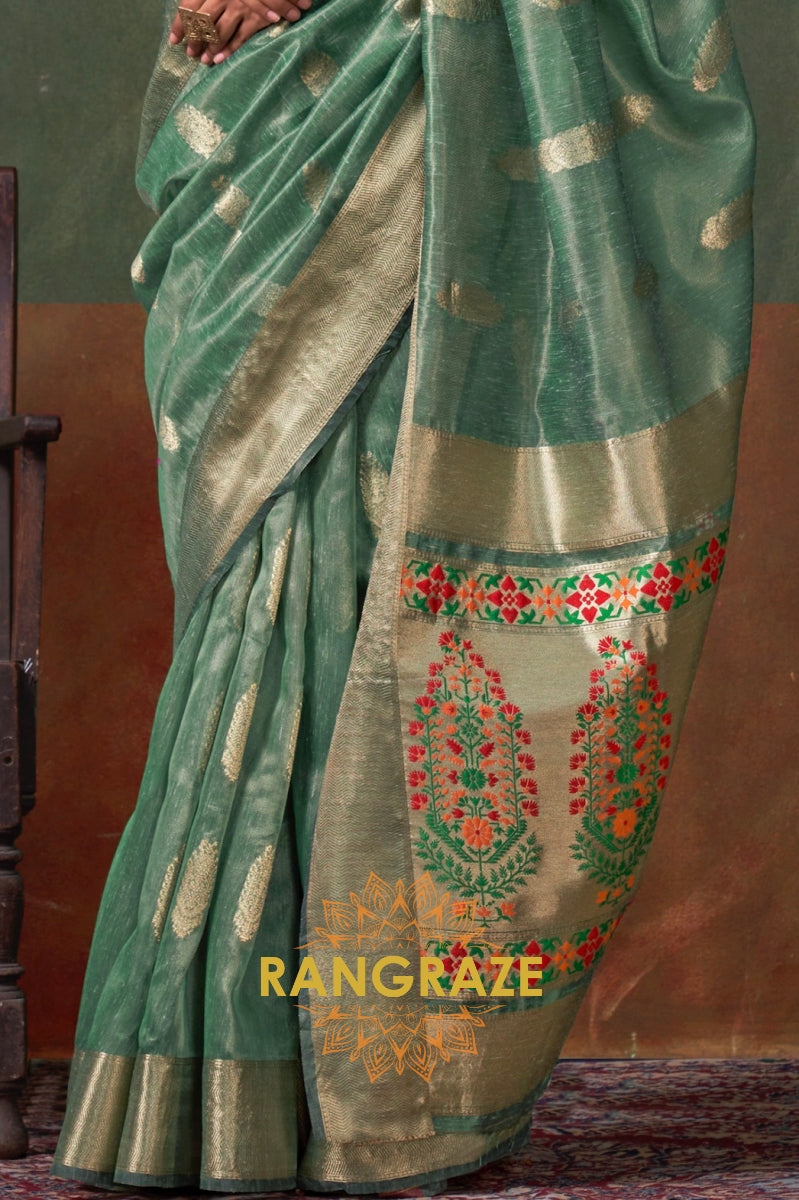 Regal Emerald Paithani Zari Tissue Handloom Silk Saree