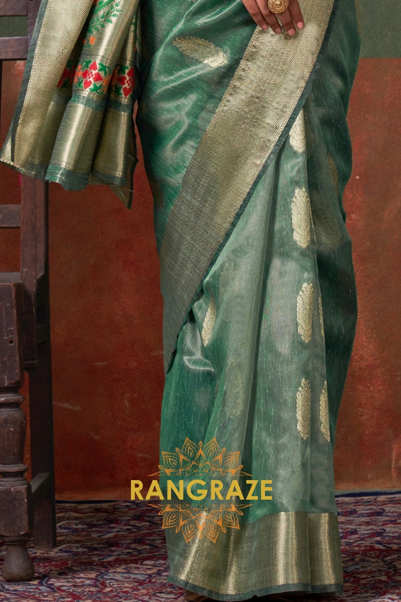 Regal Emerald Paithani Zari Tissue Handloom Silk Saree