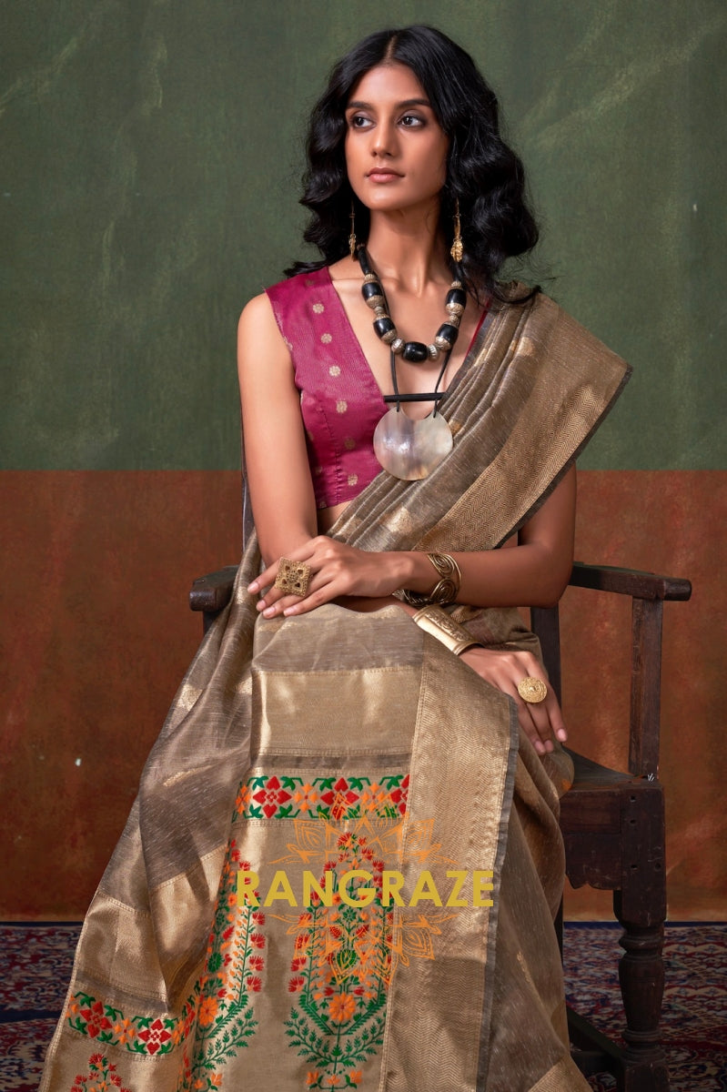 Royal Gold Elegance: Handwoven Paithani Zari Tissue Saree