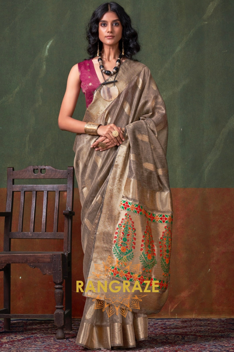 Royal Gold Elegance: Handwoven Paithani Zari Tissue Saree