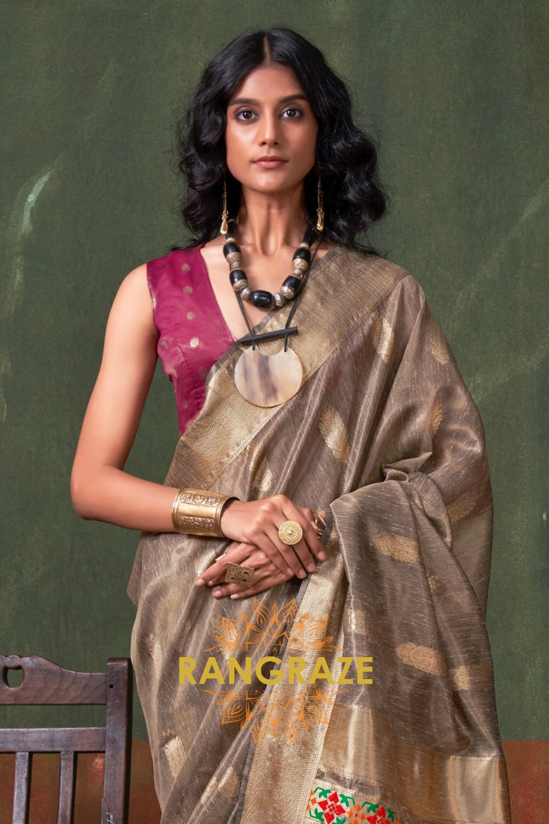 Royal Gold Elegance: Handwoven Paithani Zari Tissue Saree