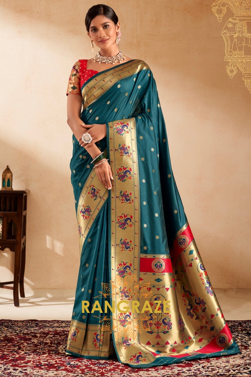 Teal Majesty: Designer Paithani Silk Saree