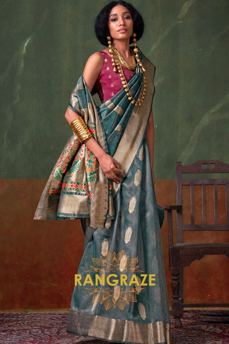 Mystic Teal Majesty: Handwoven Paithani Zari Tissue Saree