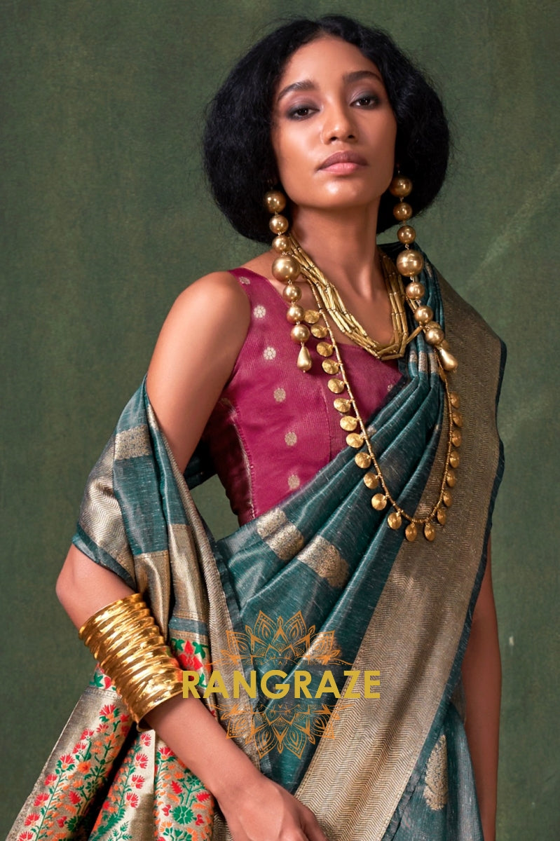 Mystic Teal Majesty: Handwoven Paithani Zari Tissue Saree