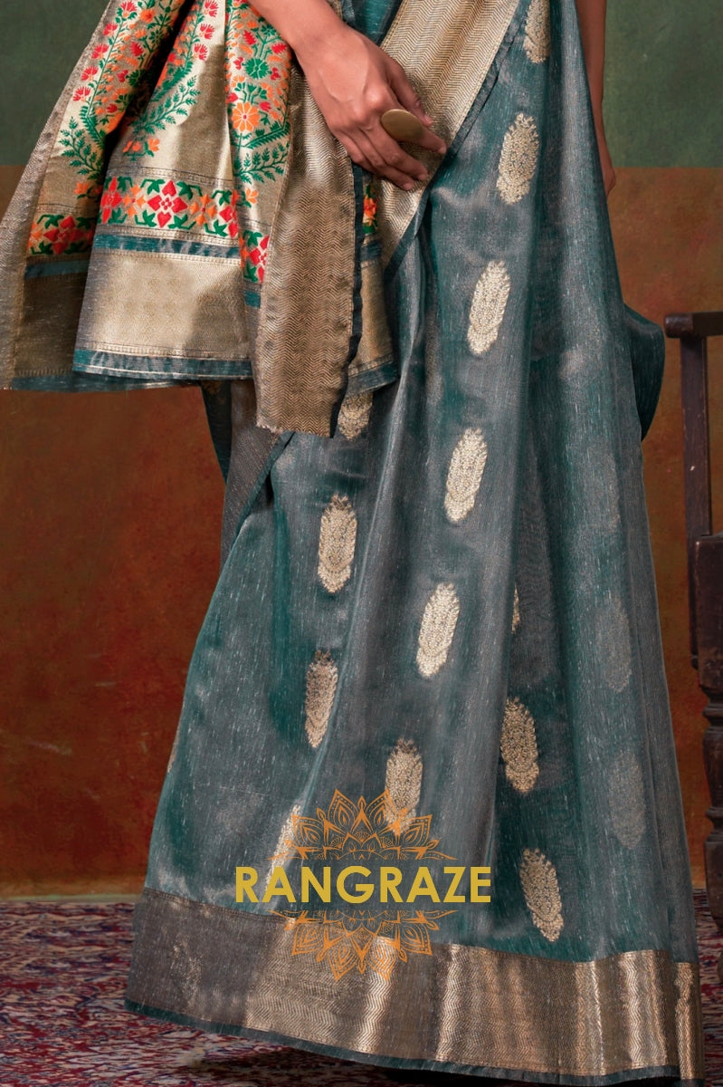 Mystic Teal Majesty: Handwoven Paithani Zari Tissue Saree