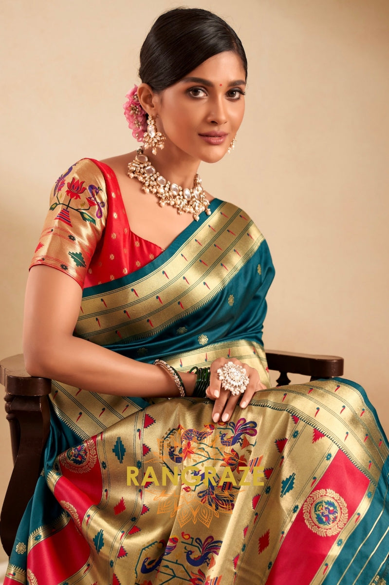 Teal Majesty: Designer Paithani Silk Saree