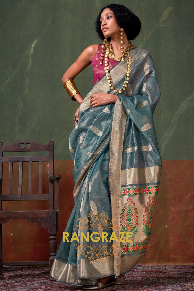 Mystic Teal Majesty: Handwoven Paithani Zari Tissue Saree