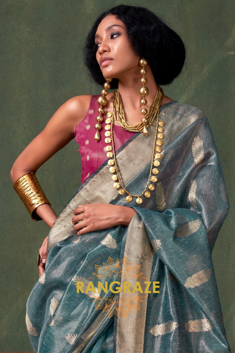 Mystic Teal Majesty: Handwoven Paithani Zari Tissue Saree