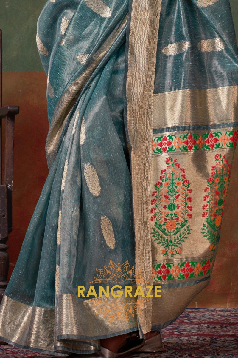 Mystic Teal Majesty: Handwoven Paithani Zari Tissue Saree