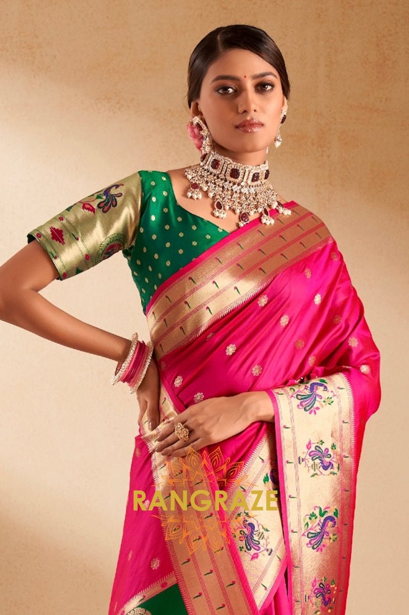 Royal Pink Paithani Silk Saree with Peacock Motifs