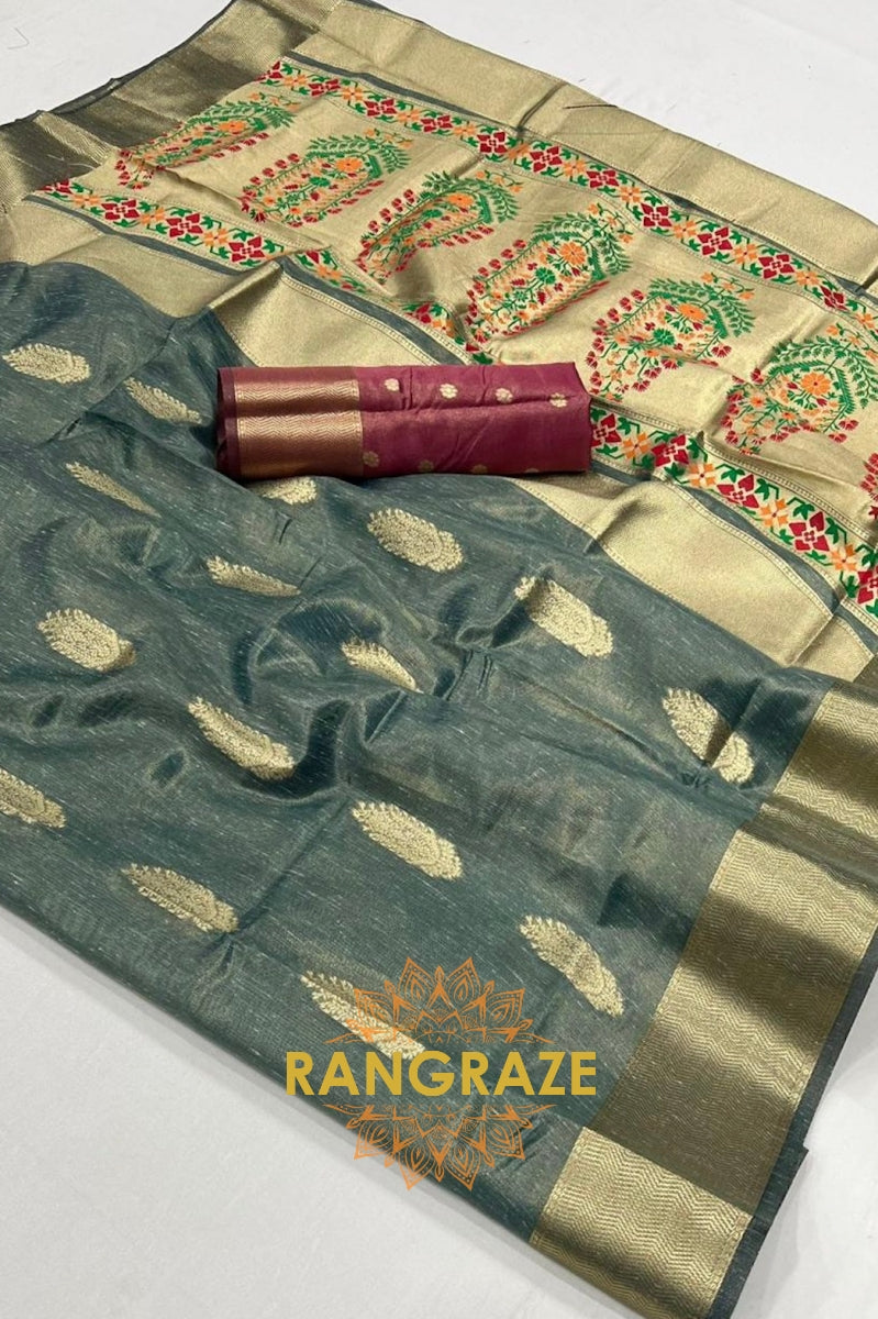 Mystic Teal Majesty: Handwoven Paithani Zari Tissue Saree