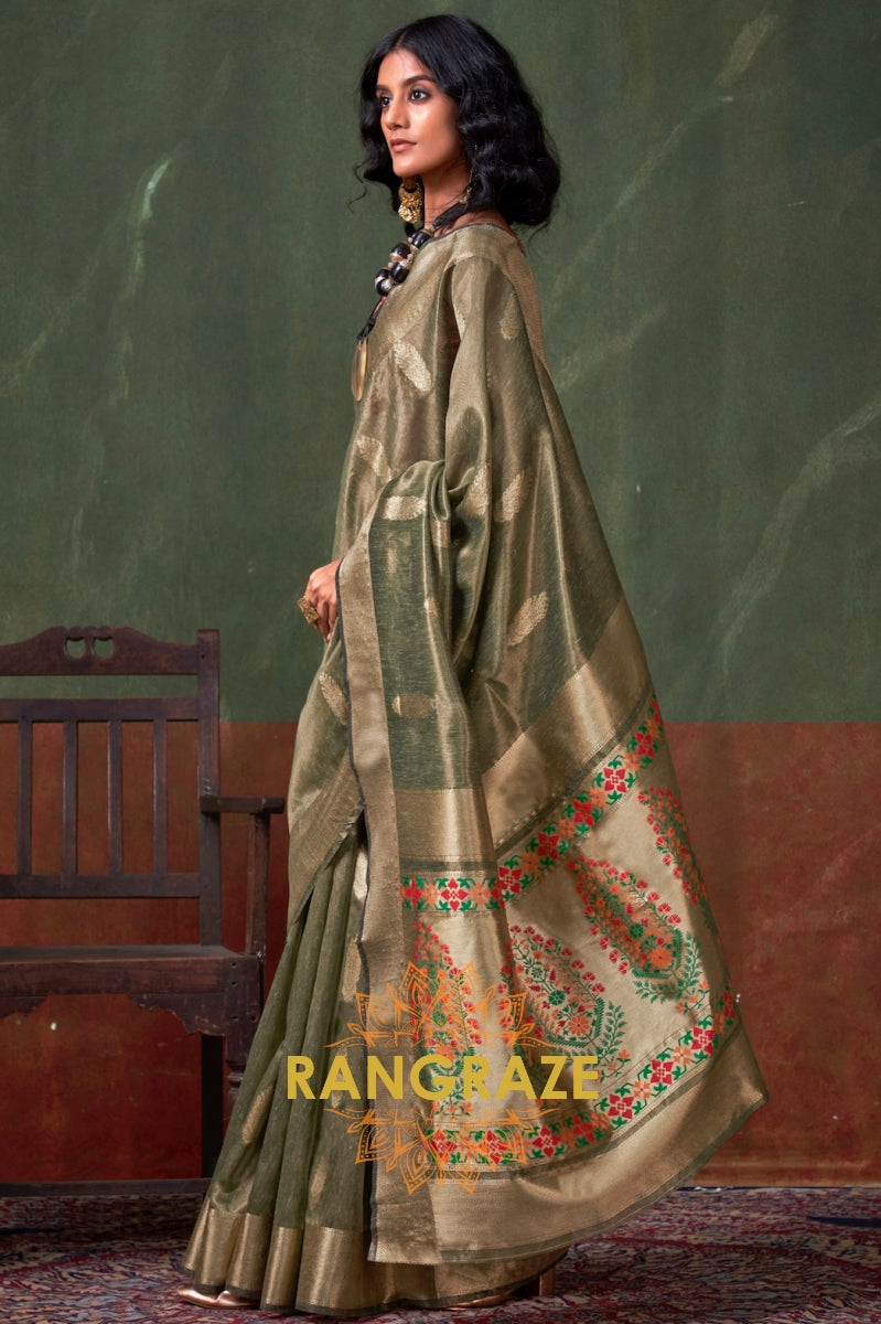 Regal Olive Paithani: Handloom Zari Tissue Silk Saree