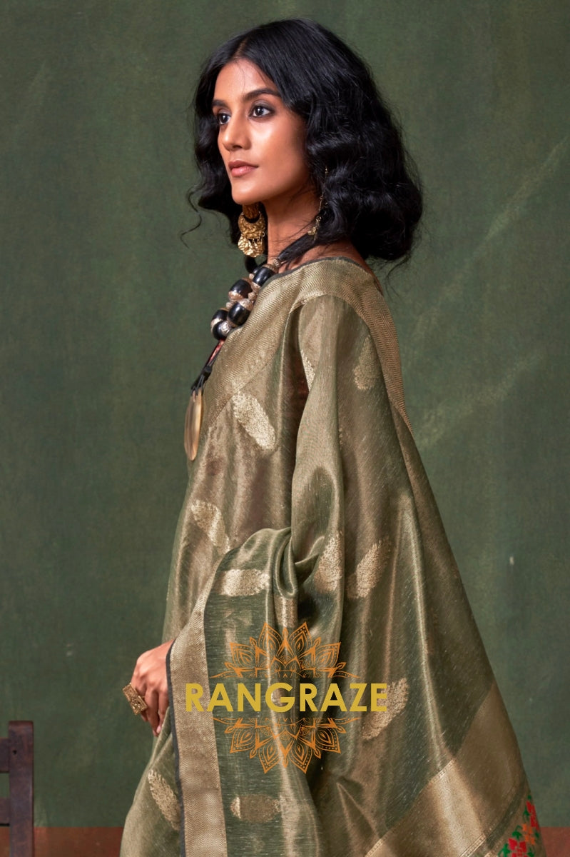 Regal Olive Paithani: Handloom Zari Tissue Silk Saree