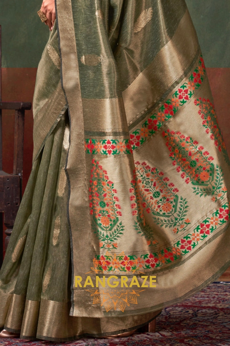 Regal Olive Paithani: Handloom Zari Tissue Silk Saree