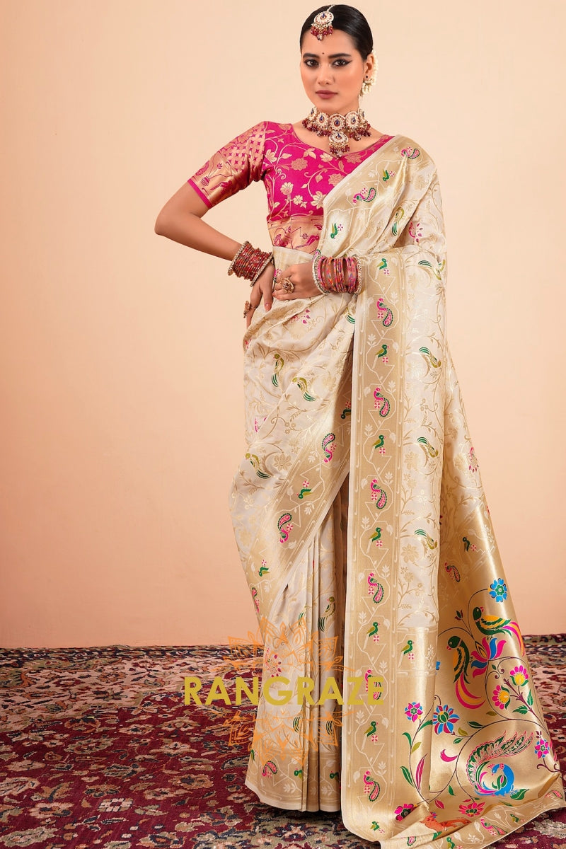 Regal Ivory Blossom Paithani Saree