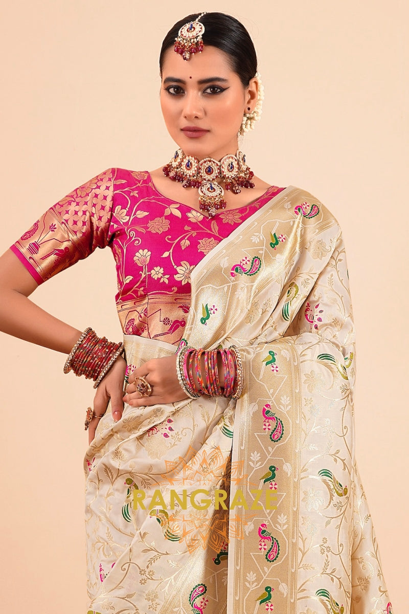 Regal Ivory Blossom Paithani Saree