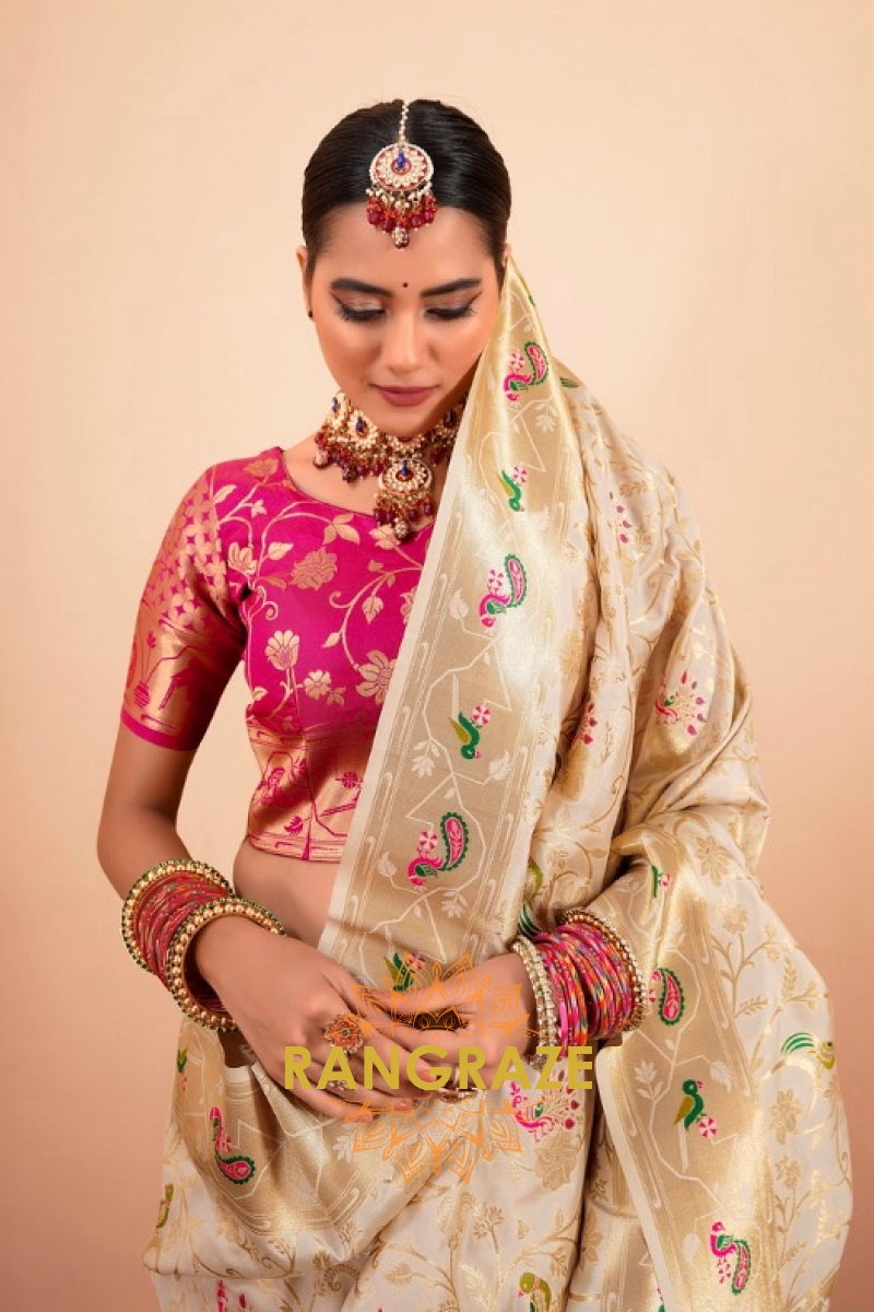 Regal Ivory Blossom Paithani Saree