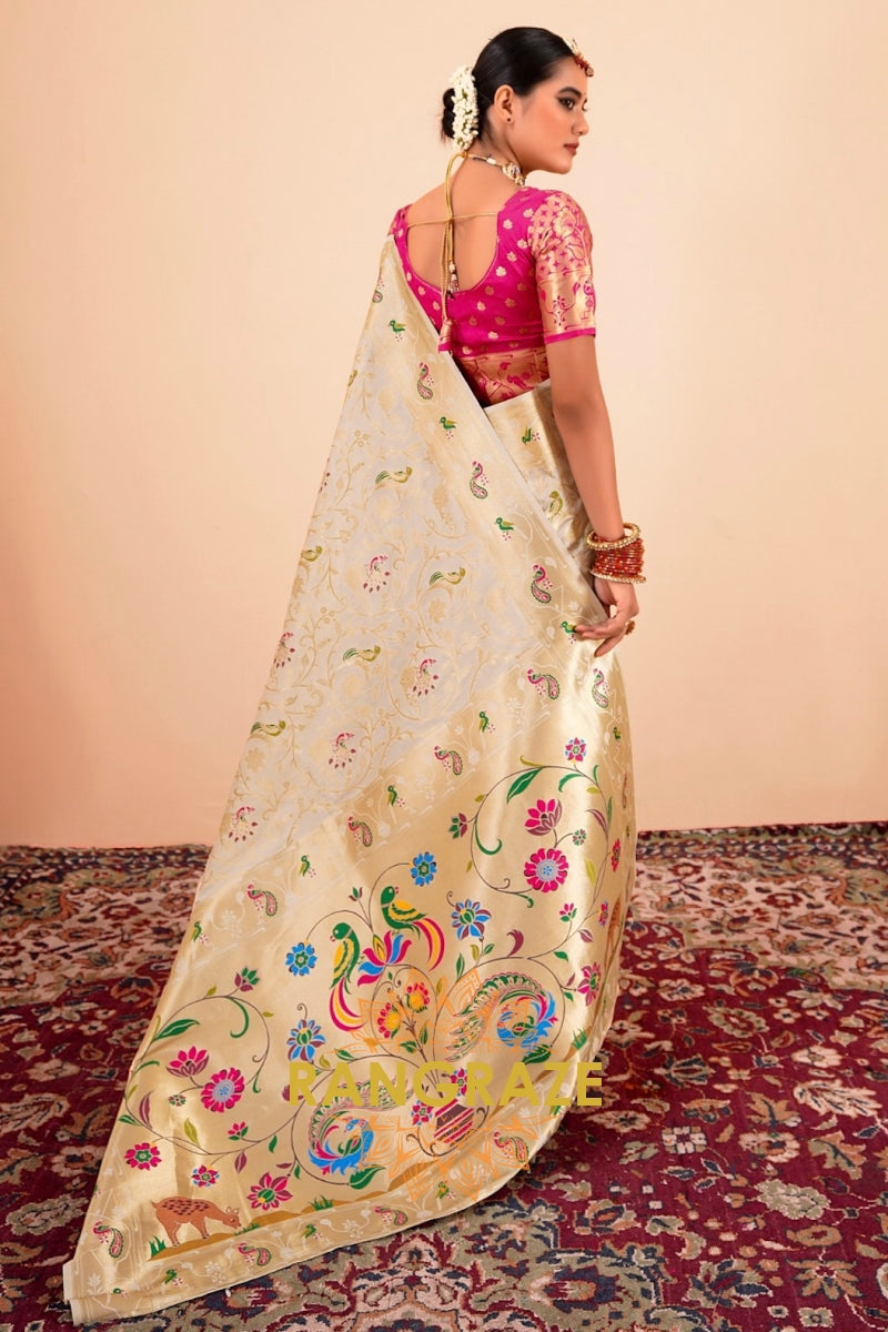 Regal Ivory Blossom Paithani Saree