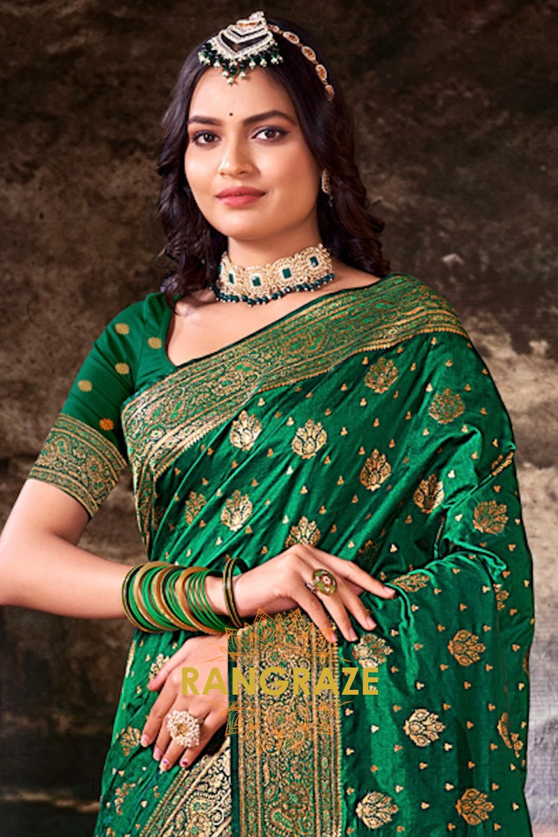 Radiant Green Kanjivaram Silk Saree With Woven Zari Work