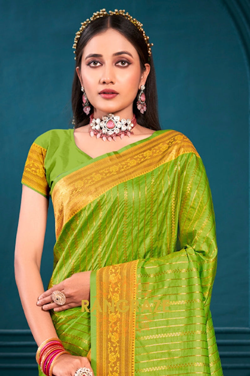 Parrot Green Golden Zari Work Paithani Silk Saree