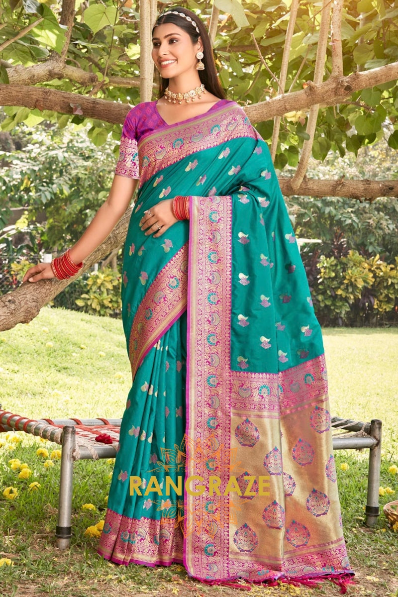 Turquoise Antique Fine Silk Banarasi Woven Zari Saree