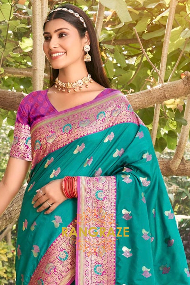 Turquoise Antique Fine Silk Banarasi Woven Zari Saree